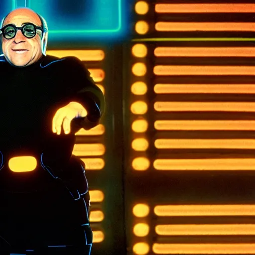 Prompt: A still of Danny Devito in Tron