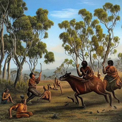 Image similar to a oil painting of aboriginal australians hunting kangaroos