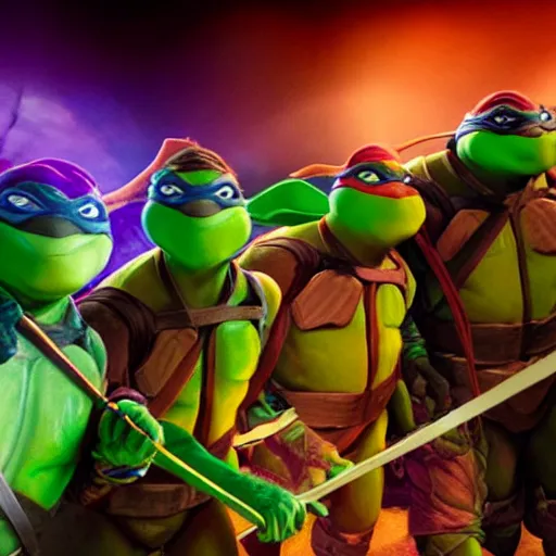 Prompt: teenage mutant ninja turtles TMNT, epic action still, hyper realistic award winning photography, epic volumetric lighting, colorful highlights, stunning glowing eyes