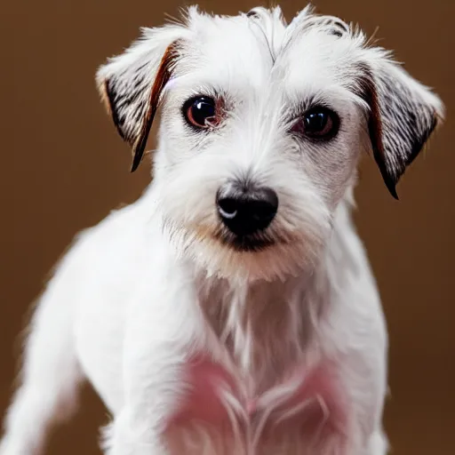 Image similar to a high quality photograph of a scruffy wire haired jack russell terrier puppy, white with chocolate brown spots, brown patches over both eyes. friendly, curious expression.