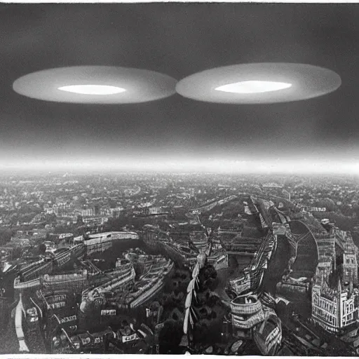 Image similar to London under attack by UFOs, Second World War, black and white