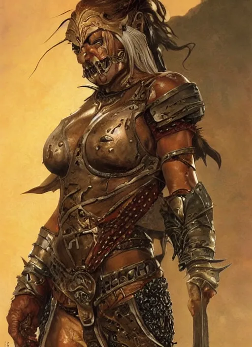 Image similar to a concept art painting of an furious female half - orc warrior wearing medieval brown leather armor, art by karol bak and mark brooks and argerm, centered