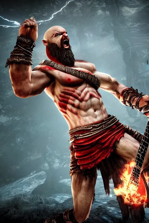 Image similar to screaming kratos rocking out on a flaming stratocaster guitar, cinematic render, god of war 2 0 1 8, playstation studios official media, red stripe, red stripe, red stripe, red stripe, red stripe, red stripe, clear, coherent