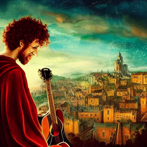 Prompt: a rugged man with curly red hair wearing a green cloak playing a guitar sitting on a roof top, medieval setting, entire city visible, zoomed out, night, atmospheric lighting, painted, intricate, volumetric lighting, beautiful, rich deep colours masterpiece, golden hour, digital art