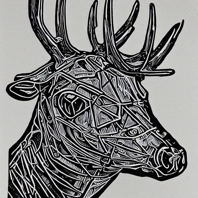 Image similar to linocut of cybernetic deer