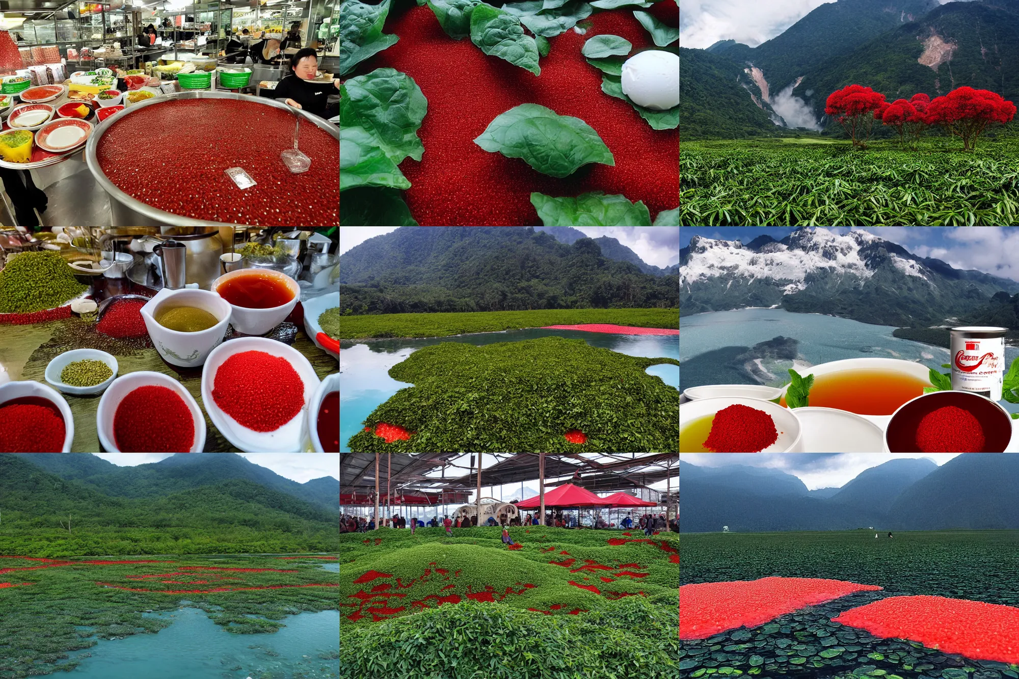 Prompt: a large island of red caviar in the center of which there are mountains with ice cream ( green house ingredient sdn bhd ), instead of coca cola water ( barley tea - boricha or mugicha )