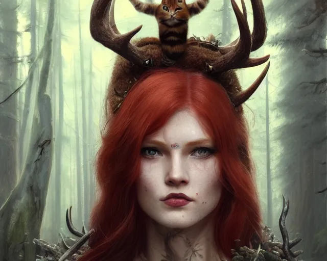 Prompt: 5 5 mm portrait photo of an armored gorgeous aesthetic redhead woman warrior with a face tattoo and antlers growing from her head and cat on her shoulder, in a magical forest. art by greg rutkowski. highly detailed 8 k. intricate. lifelike. soft light. nikon d 8 5 0.