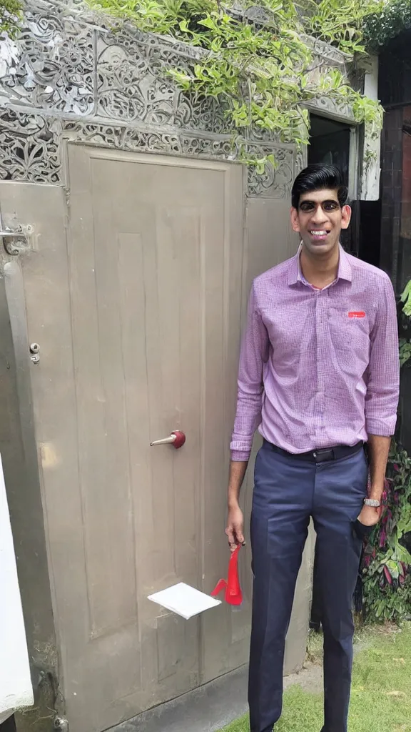 Image similar to rishi sunak as a slimy door to door salesman