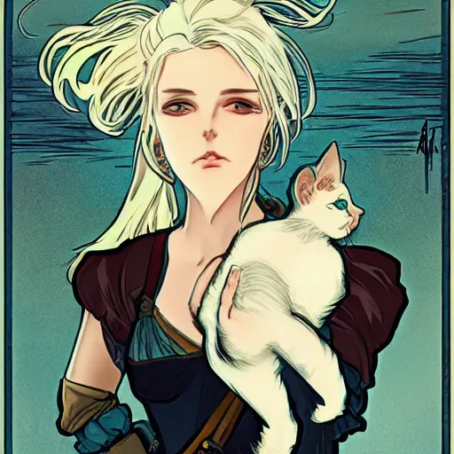 Image similar to Ciri holding a cat, manga style, expressive comic art, trending on artstation, digital art, by Alphonse Mucha, highly detailed