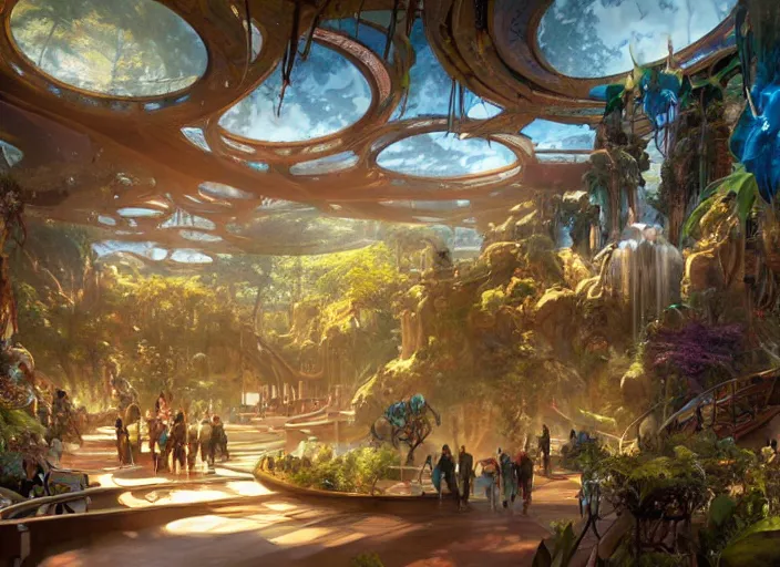 Image similar to avatar themepark interior designed by disney imagineering, rendered by artgerm and greg rutkowski and alphonse mucha