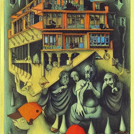 Prompt: Technicolor box of ghosts, by M.C. Escher, by Joseph Cornell, by Francisco Goya, fairy-tale illustration style, very detailed, colorful, beautiful, eerie, surreal, psychedelic