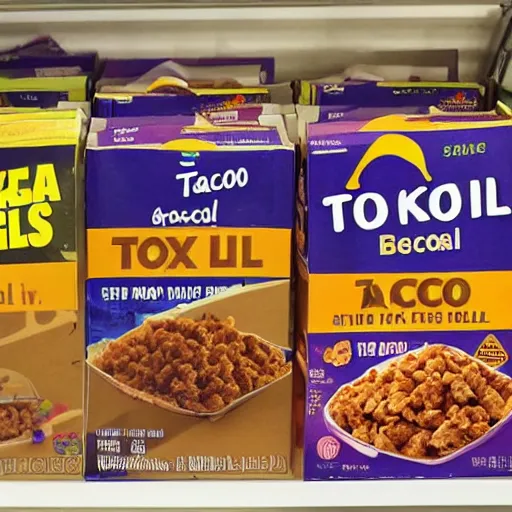 Prompt: a box of taco bell cereal on a grocery store shelf, photo