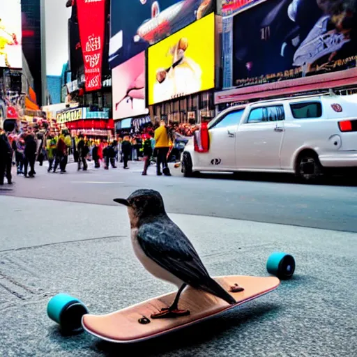 Image similar to a bird on a skateboard in times square