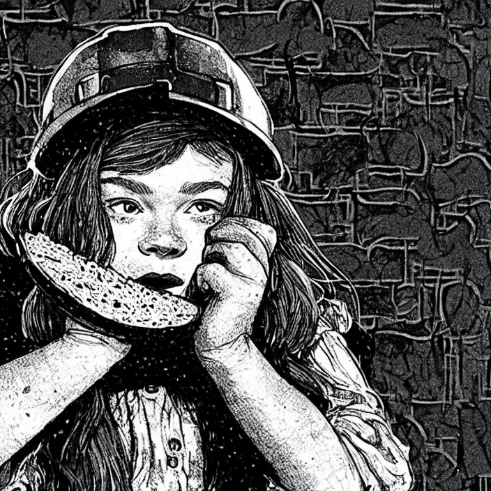 Image similar to extreme close - up on sadie sink as a miner : she lifts stale bread with her hand. background : black tiles on walls. black and white, pencil and ink. by gabriel hardman, joe alves, chris bonura. cinematic atmosphere, detailed and intricate, perfect anatomy