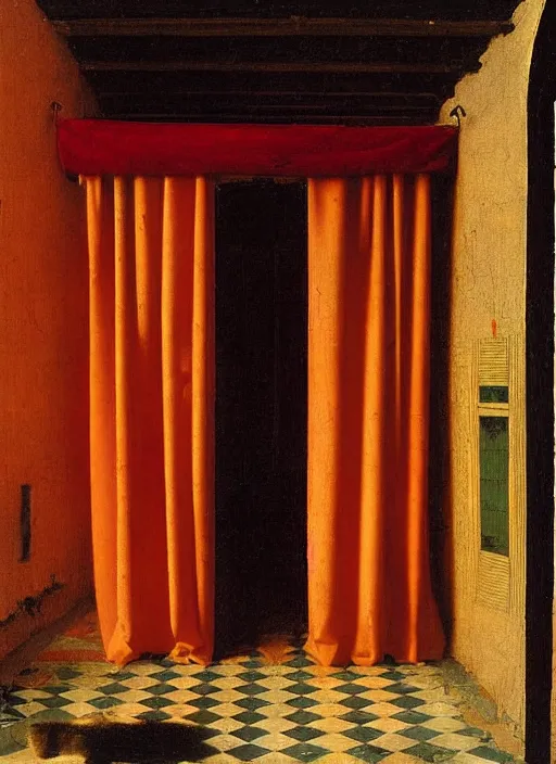 Prompt: red curtain on the floor, medieval painting by jan van eyck, johannes vermeer, florence