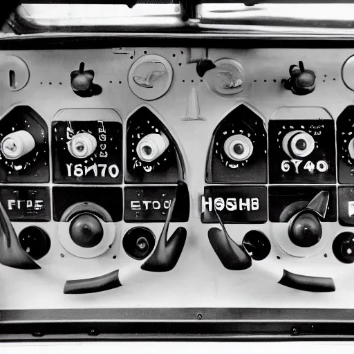 Image similar to photorealistic control panel from the 1 9 5 0's in a car featuring ejection seats, weapons control, and hyperdrive, realistic, 8 k resolution, front view