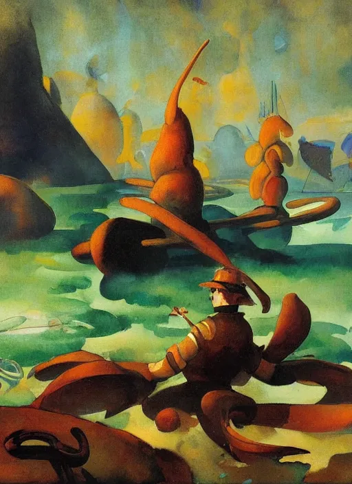 Image similar to photo of a giant snail man guardian of the holy lake, bizarre, fantasy landscape, art by andreas achenbach, august macke, alice bailly, alison geissler