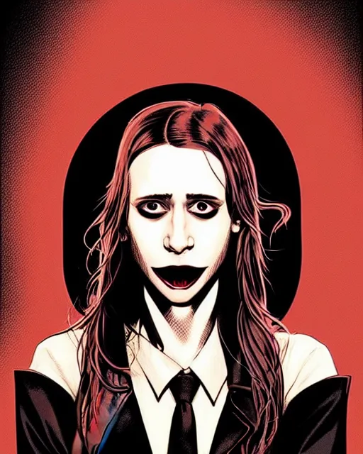 Prompt: in the style of Rafael Albuquerque comicbook art and Joshua Middleton, moody lighting, beautiful evil vampire Taissa Farmiga sharp bloody vampire fangs, evil smile showing fangs, symmetrical eyes, realistic face, symmetrical face, brown leather jacket, jeans, long black hair, full body