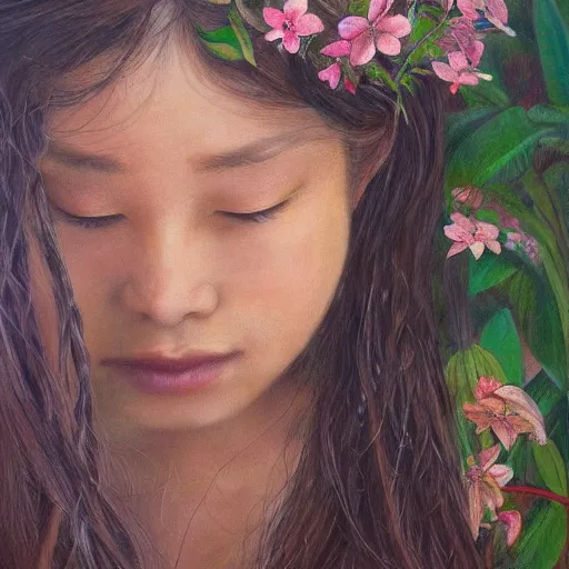 Prompt: a girl in a jungle smelling flowers, her hair flowing down, subtle, intricate details, real masterpiece, oil on canvas, by somsak anong