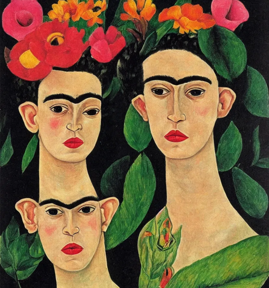 Prompt: a female elf transforming into a flower frida kahlo and alexej von jawlensky