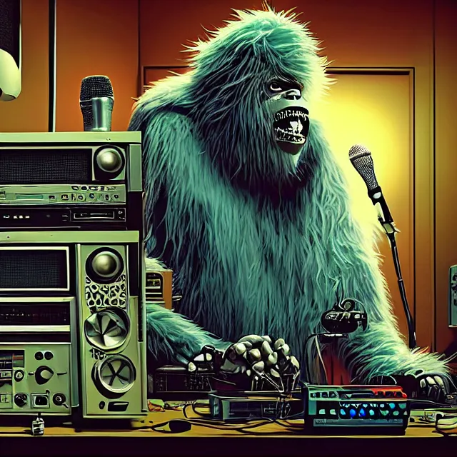 Image similar to a portrait of an anthropomorphic cyberpunk yeti podcasting in his secret electronics lab, detailed render, tape deck, studio microphone, boombox, headphones, epic composition, cybernetics, 4 k realistic, cryengine, realistic shaded lighting, sharp focus, masterpiece, by matteo scalera, gary montalbano, peter elson in the style of the tokyo ghost comic