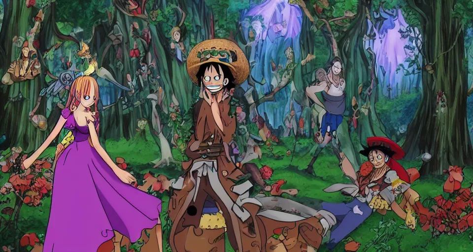 Prompt: Enchanted and magic forest, from One piece