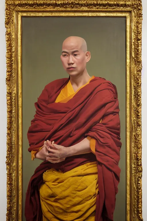 Prompt: realistic baroque oil portrait of a robot as a buddhist monk