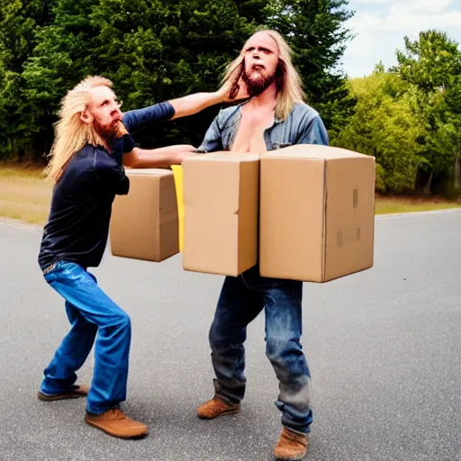 Prompt: long - haired blonde hillbilly fighting a cardboard boxman