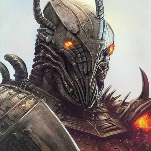 Image similar to head and shoulders portrait of an armored fire giant, d & d, fantasy, greg rutkowski, frank frazetta, alexandre chaudret, boris vallejo, michael whelan, miro petrov, hr giger, magali villeneuve, donato giancola