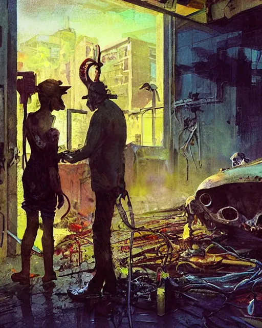 Image similar to a highly detailed epic cinematic concept art CG render digital painting artwork: old dead couple at a decayed gas station surrounded by dark figures. triadic color scheme, By Greg Rutkowski, in the style of Francis Bacon and Syd Mead and Edward Hopper and Norman Rockwell and Beksinski, open ceiling, highly detailed, painted by Francis Bacon, painted by James Gilleard, surrealism, airbrush, Ilya Kuvshinov, WLOP, Stanley Artgerm, very coherent, art by Takato Yamamoto and James Jean