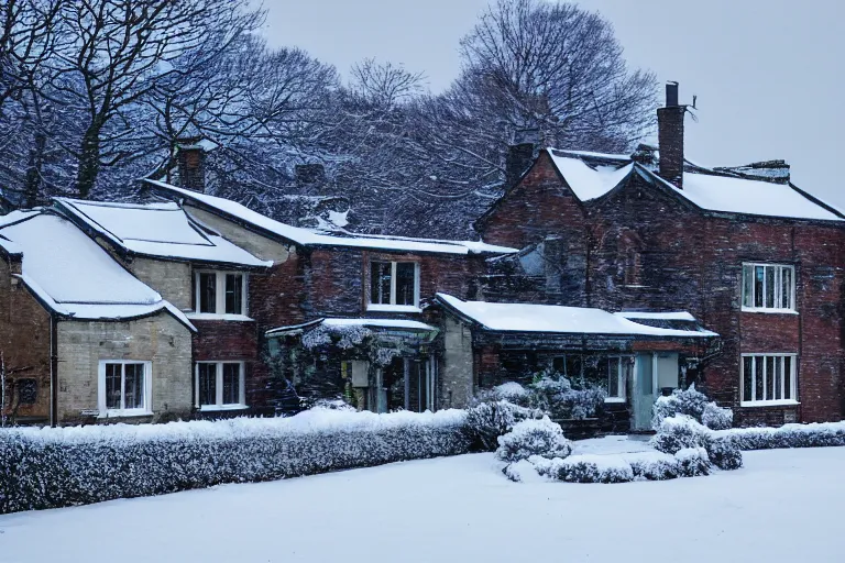 Prompt: cyberpunk, winter in the snow, an estate agent listing photo, external view of a 5 bedroom detached cyberpunk countryside house in the UK, by Paul Lehr