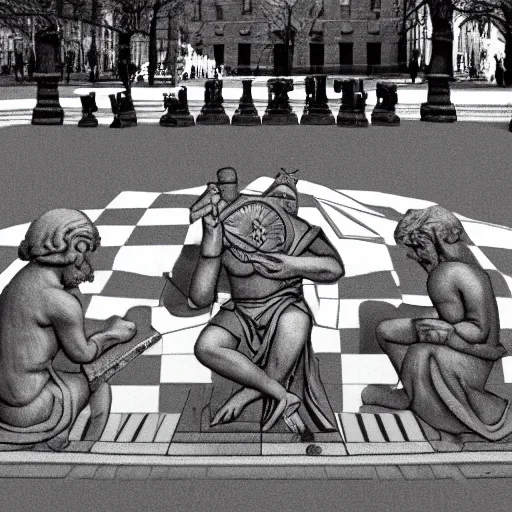 Prompt: greek god playing chess in washington square park, new york city, photorealistic, highly detailed