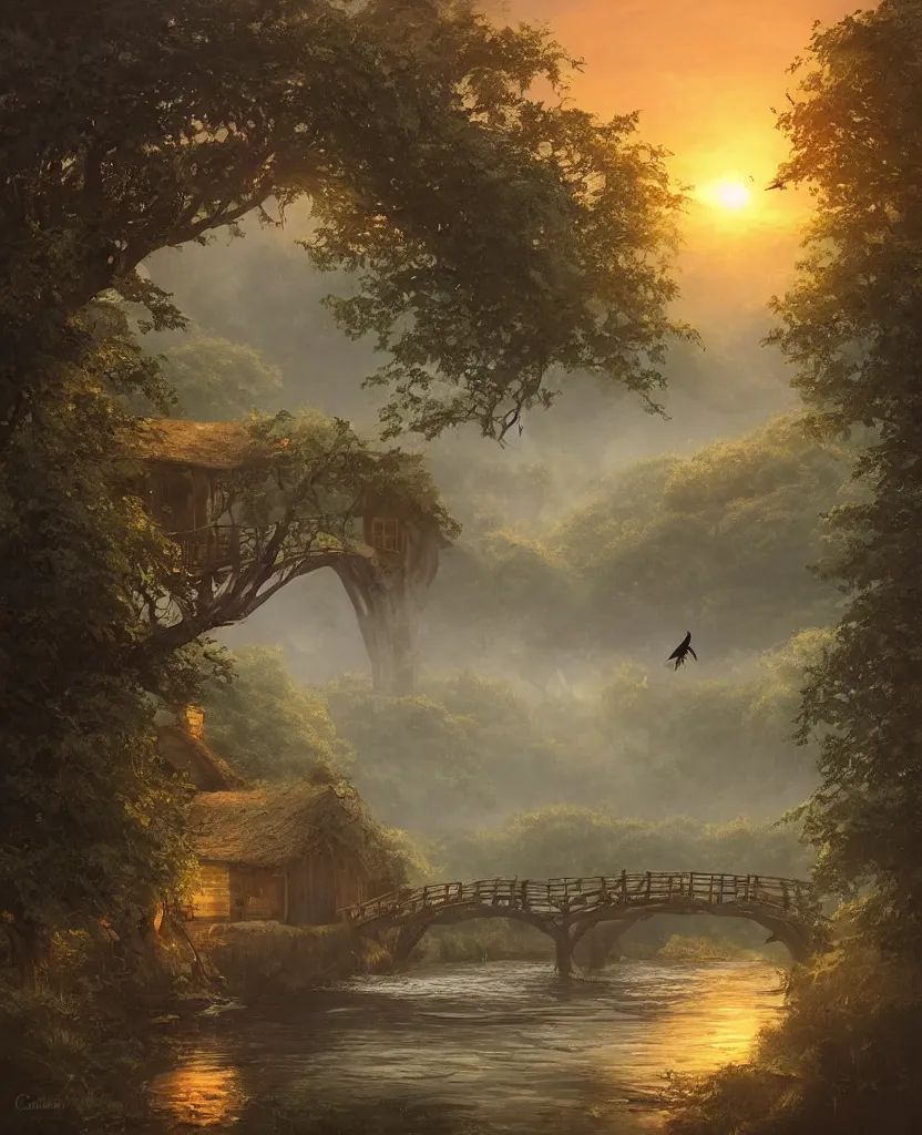 Prompt: small wooden cottage by the river, a tree with vines wrapped around it, two crows on the tree, tranquility, arch stone bridge over the river, an old man riding a horse on the bridge, sunset, by charlie bowater, by greg rutkowski