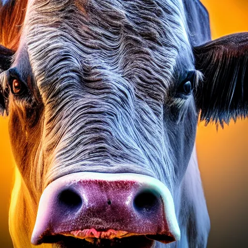 Prompt: ultra - realistic close - up of creepy cow at night, fish - eye - lense, disturbing horror photo