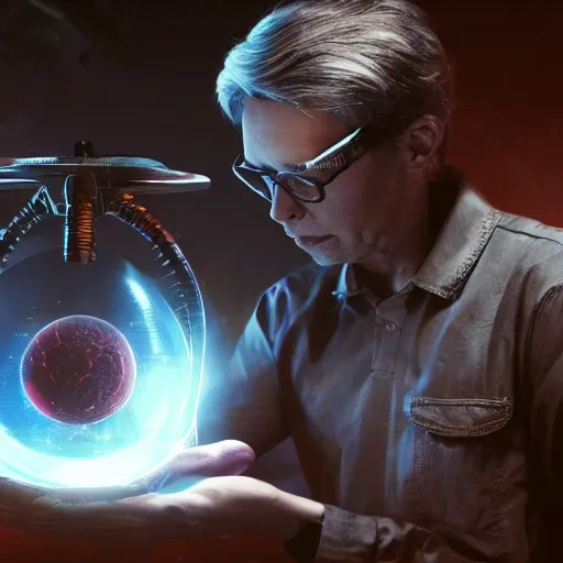 Image similar to bob lazar holding element 1 1 5 with alien, realistic artstyle, wide shot, dramatic lighting, octane render, hyperrealistic, high quality, highly detailed, hd, beautiful, cinematic, 8 k, unreal engine, facial accuracy, symmetrical