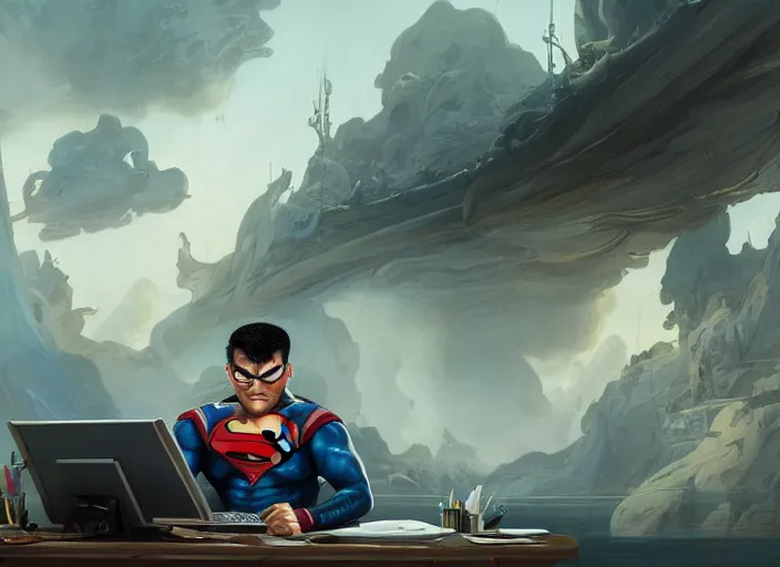 Image similar to an insanely detailed painting of an asian man wearing a homemade superhero costume, sitting at a desk, staring seriously at the computer and typing, in the style of peter mohrbacher, james jean, artgerm, dramatic lighting and composition, surreal background, octane render, pixar, trending on artstation, concept art, comic book, view from behind, 8 k