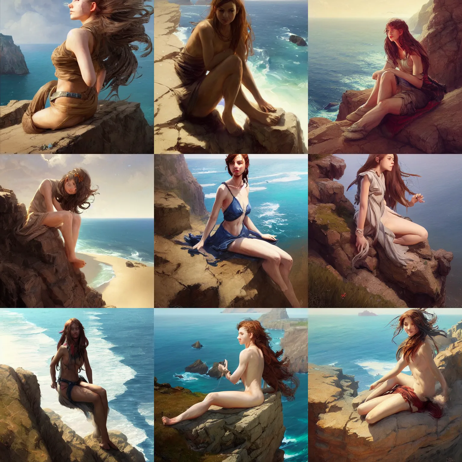 Prompt: Portrait of a girl sitting on a cliff overlooking the sea. highly detailed, smooth, artstation, digital illustration by Ruan Jia and Mandy Jurgens and Artgerm and Wayne Barlowe and Greg Rutkowski and Frank Frazetta