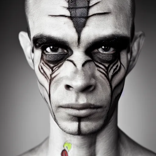 Image similar to a close up portrait of a beautiful athletic young male alien with his skin covered in spiderweb tattoos , photographed by erwin olaf, artistic