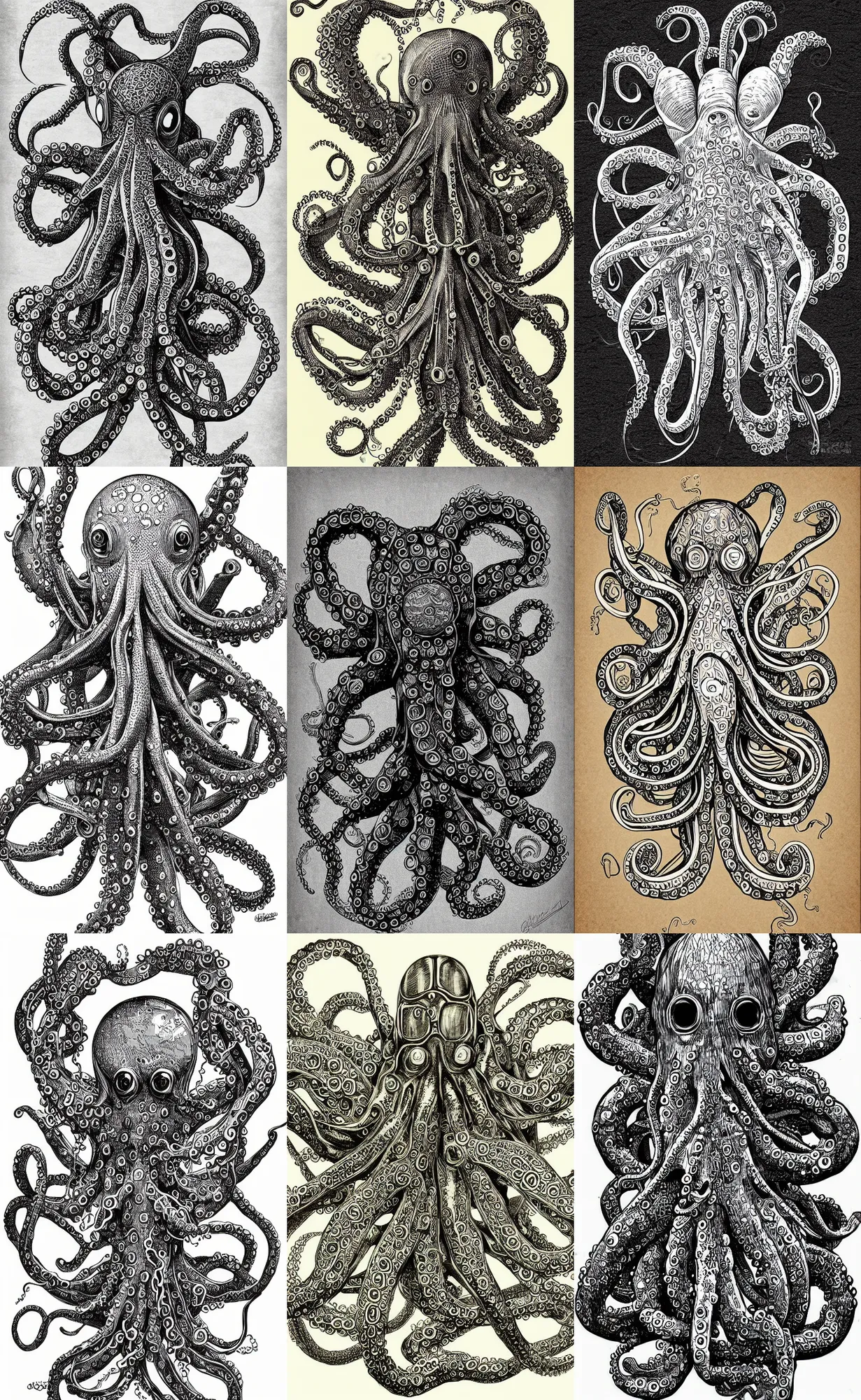 Prompt: robotic cybernetic octopus, hand drawn illustration, antique digital art, highly detailed