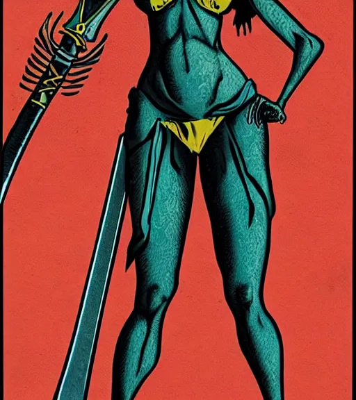 Image similar to 1 9 8 0 s fantasy novel book cover, amazonian eva mendes in extremely tight bikini armor wielding a cartoonishly large sword, exaggerated body features, dark and smoky background, low quality print
