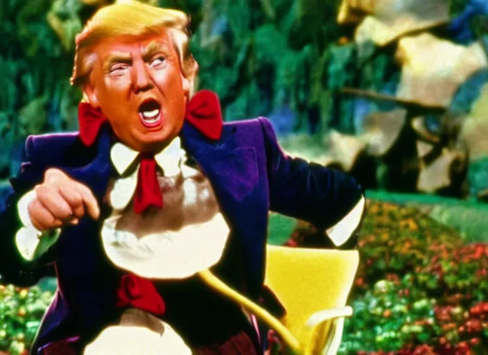 Prompt: film still of Donald Trump as Peter Pan in Willy Wonka's and the Chocolate Factory 1971