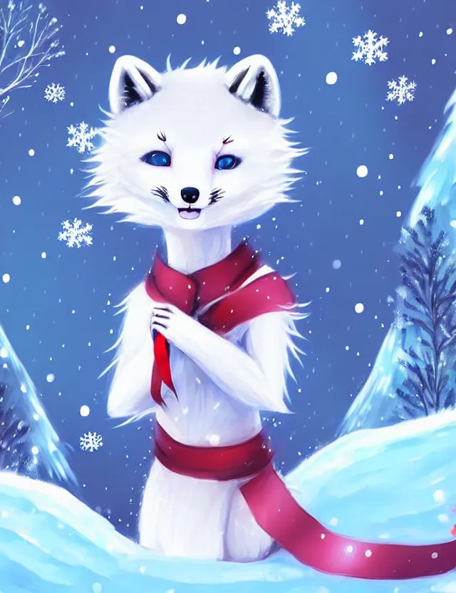 Image similar to a cute anthropomorphic arctic fox girl anthro wearing red ribbons, winter park background, very anime!!! kawaii!! furry!! intricate details, aesthetically complementary colors, scenic background, art by rising artists with a radically new style. trending on artstation, top rated on pixiv and furaffinity