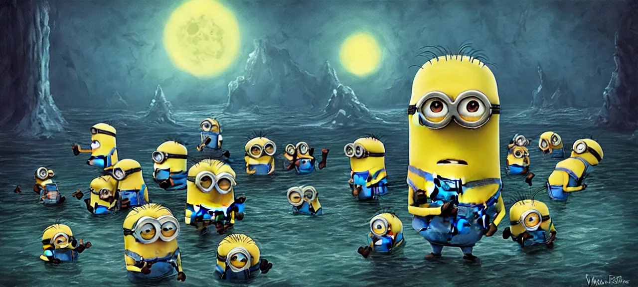 Prompt: Minions Lovecraft Thalassophobia Old Gods in the style of Vincent Di Fate