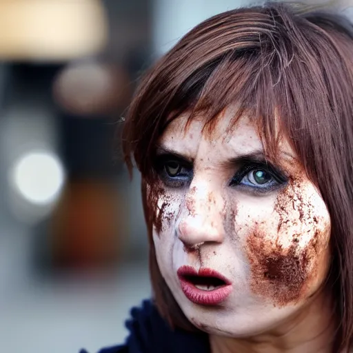 Image similar to candid photo of news female anchor face full of chocolate cream, mess, report on street