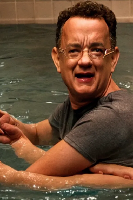 Image similar to tom hanks swimming in a bath tub of baked beans, realistic, moody grindhouse, dark