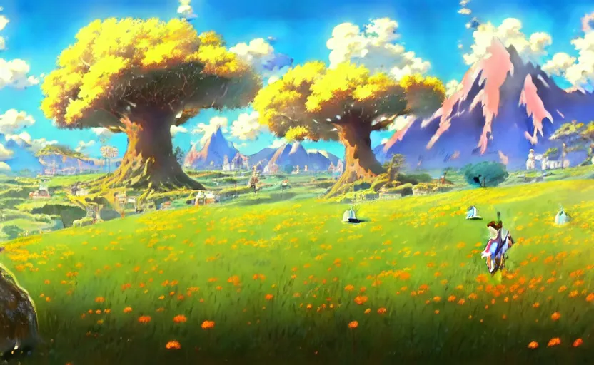 Image similar to fantastic anime sunny meadow with flowers, lone old Oak in the middle plane and mountains on the background, by Hayao Miyazaki, Nausicaa, Ghibli, Breath of the wild, Anime wallpaper