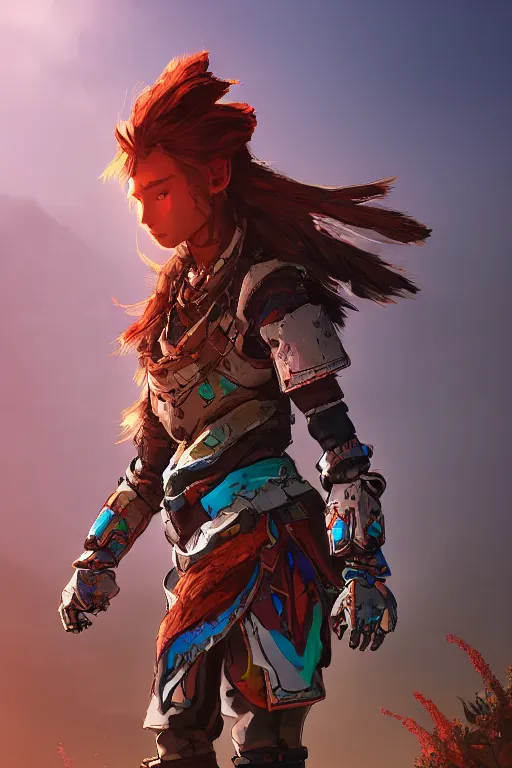 Image similar to combination suit armor aloy horizon forbidden west horizon zero dawn radiating a glowing aura global illumination ray tracing hdr fanart arstation by ian pesty and alena aenami artworks in 4 k tribal robot ninja mask helmet backpack