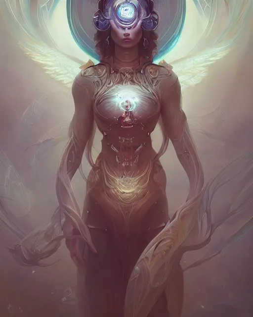 Prompt: portrait of a beautiful cybernetic emanation from the book \'angelarium\', by pete mohrbacher and artgerm and wlop, digital art, highly detailed, intricate, fantasy, mystical, Trending on Artstation HQ, deviantart, unreal engine, 4K UHD image