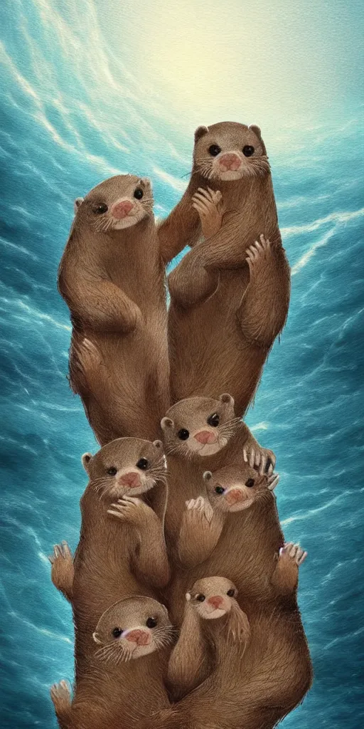 Image similar to family of adorable otters falling in love holding hands side by side huddled, all hiding together in the middle of a super scary storm at sea, fantasy illustration, cinematic, award winning, romantic, detailed trending on artstation, masterpiece
