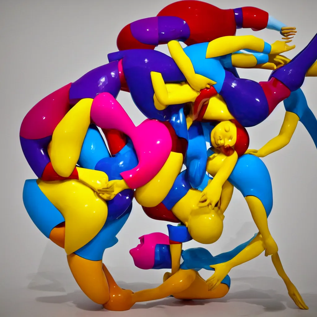 Image similar to kinetic sculpture of the two humans bodies collapsing each other, colorful, contemporary art, masterpiece, peaceful, romantic, geometric, symetrical, symetrical composition by Koons